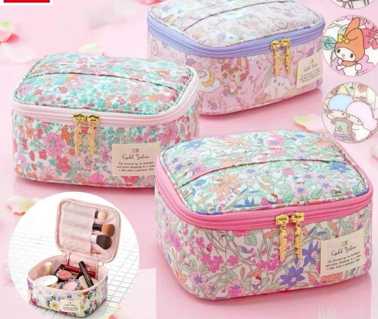 Sanrio Hello Kitty Double Star Flower Zipper Storage Bag for Women's Sweet High Quality Multi functional Makeup Bag