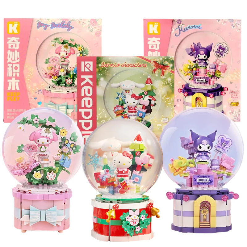 Original Keeppley Sanrio Building Block DIY Kuromi HelloKitty my melody Music Box Action Figure Anime Collection Kids Toys Gift