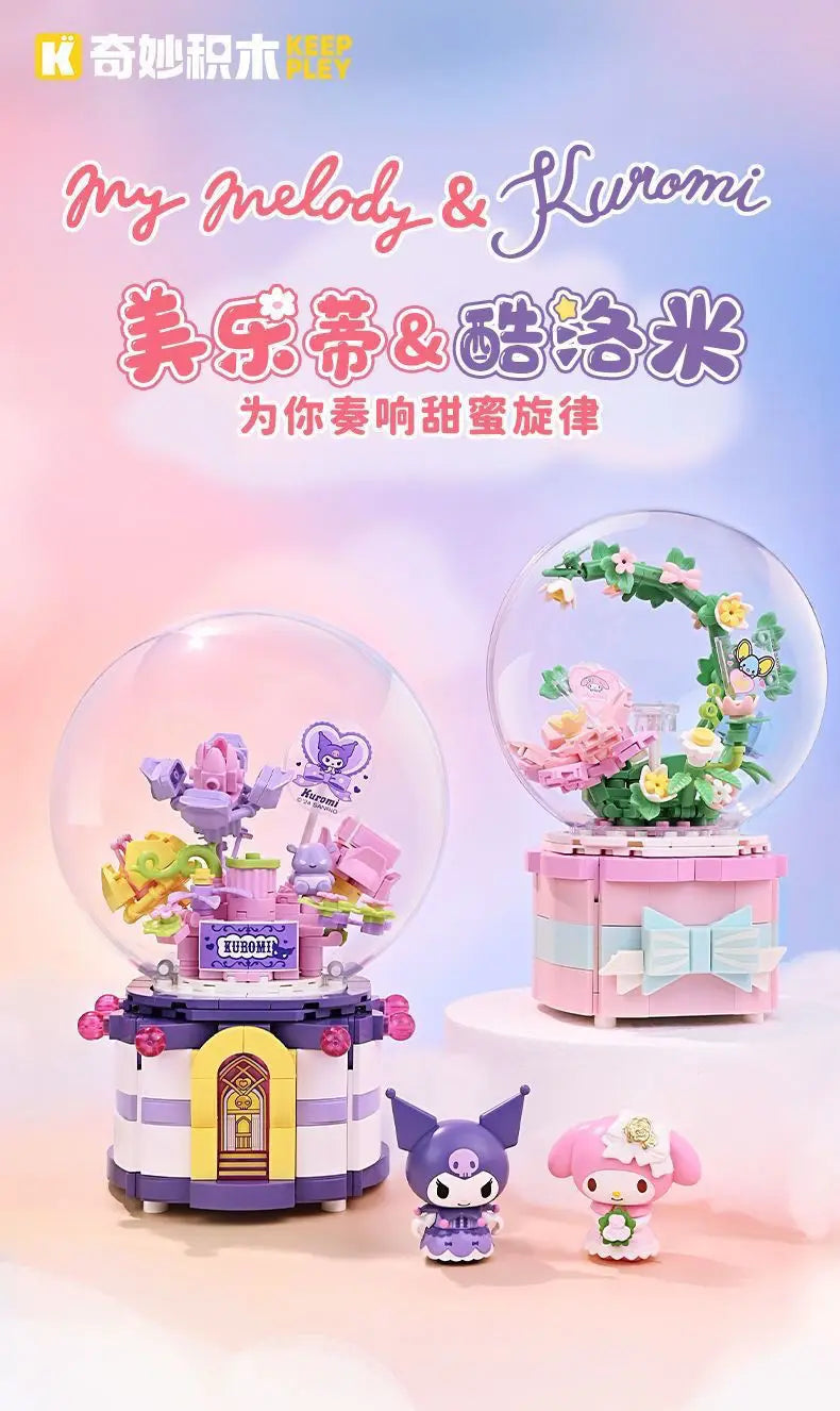 Original Keeppley Sanrio Building Block DIY Kuromi HelloKitty my melody Music Box Action Figure Anime Collection Kids Toys Gift
