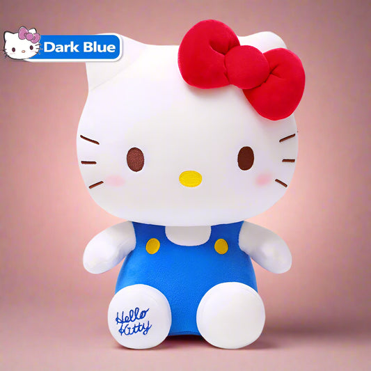 A collection of colorful Hello Kitty soft plush toys in various colors with bows on their heads.