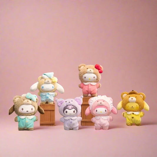 Sanrio plush toys in front of a store with text 'Sanrio Zhuo Tie Baby' and 'Full sugar face!!'.