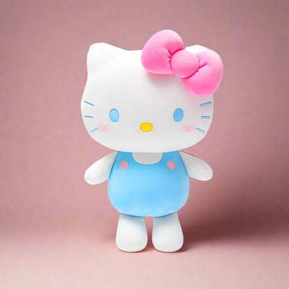 A collection of colorful Hello Kitty soft plush toys in various colors with bows on their heads.