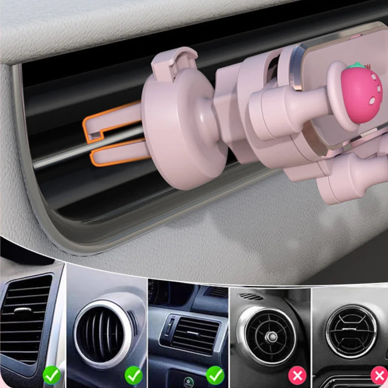 Car air freshener holder attached to a car's air vent with a blue banner above it.