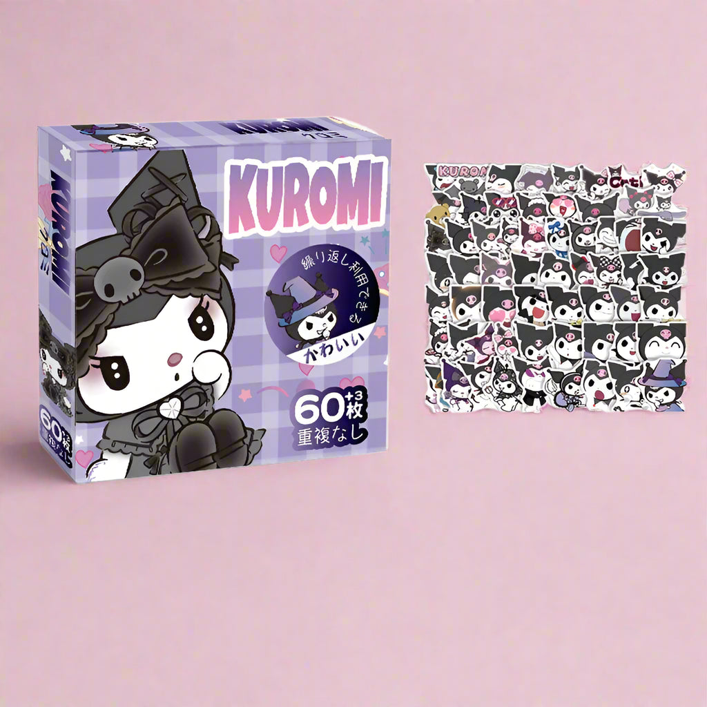 Kuromi-themed product packaging with a grid of stickers on a white background