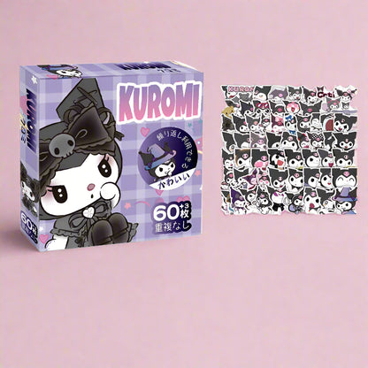 Kuromi-themed product packaging with a grid of stickers on a white background