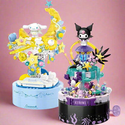 A collection of Sanrio characters music box series made of building blocks, with intricate designs featuring characters like Hello Kitty and others on round bases.