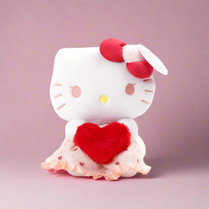 A collection of soft plushie toys featuring characters from Sanrio's Lovely Hearts series. The plushies are shown with heart-shaped accessories and are dressed in pink and white colors.
