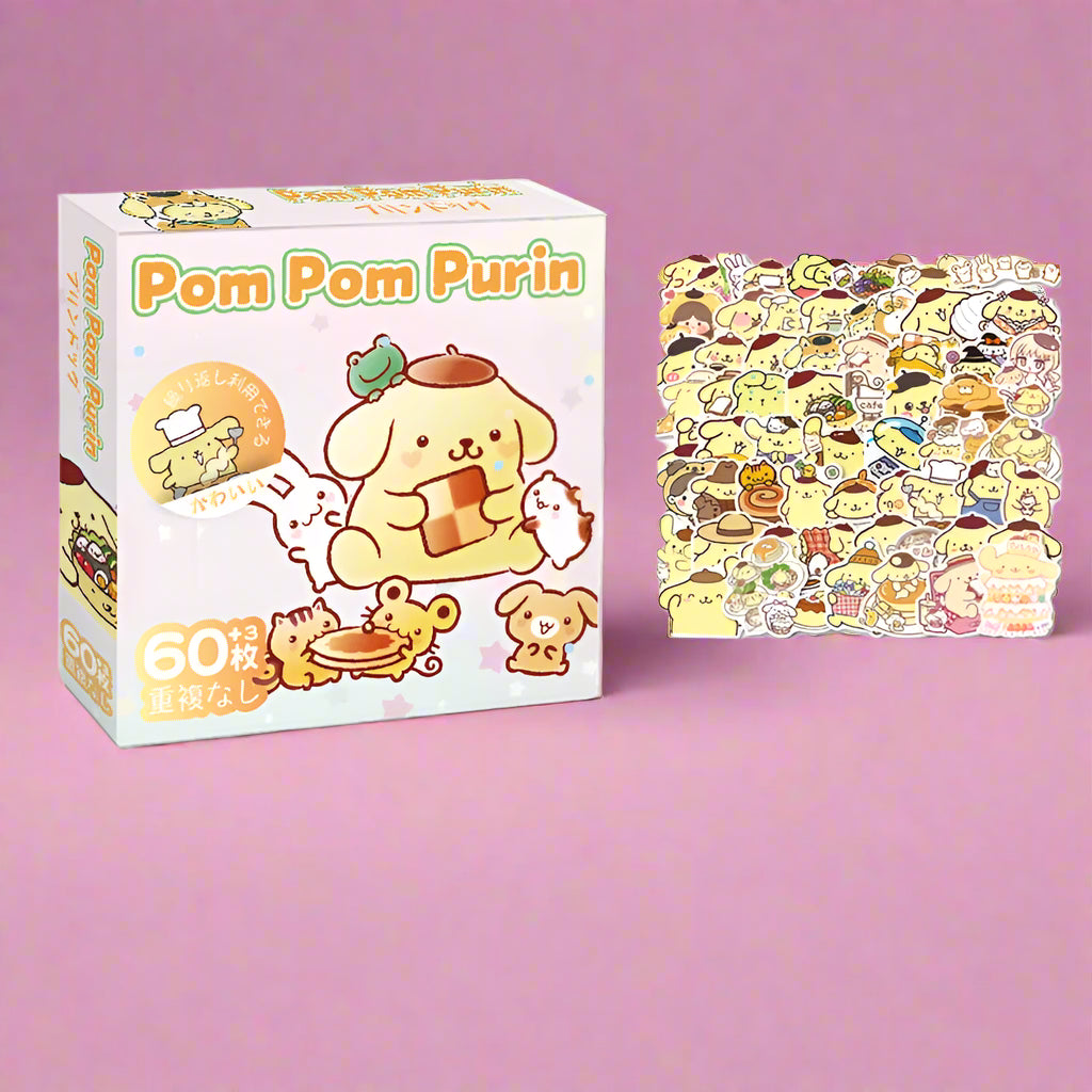 Pom Pom Purin product packaging with a collection of stickers on a white background