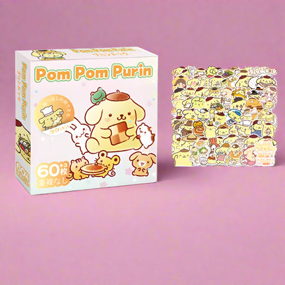 Pom Pom Purin product packaging with a collection of stickers on a white background