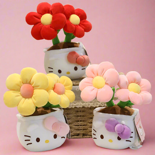 Colorful plush flower plants with Hello Kitty pots on a light background