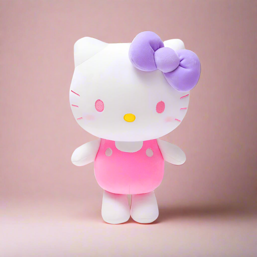 A collection of colorful Hello Kitty soft plush toys in various colors with bows on their heads.