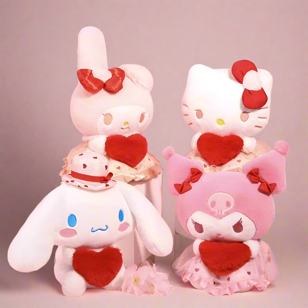 A collection of soft plushie toys featuring characters from Sanrio's Lovely Hearts series. The plushies are shown with heart-shaped accessories and are dressed in pink and white colors.
