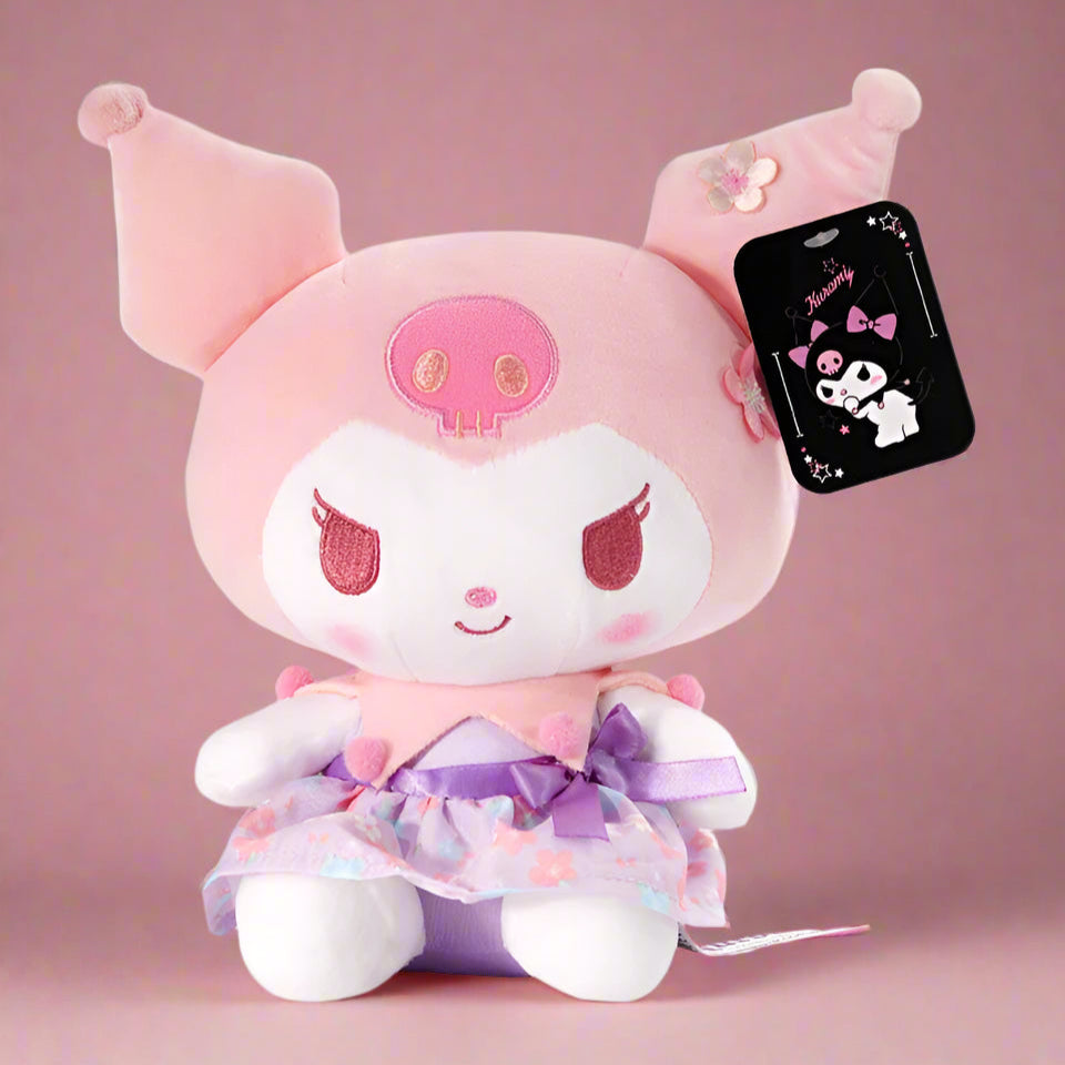 A collection of Sanrio characters plushies from the 'Peach Blossom' series, featuring soft pastel colors and floral patterns.