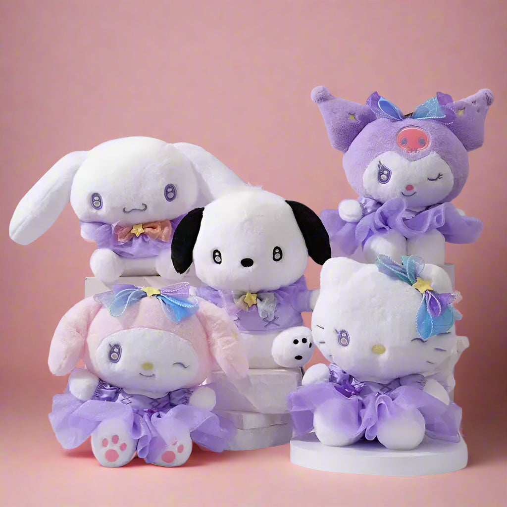 A collection of soft plush toy characters from Sanrio, including figures dressed in purple and pink outfits with bows and frills.