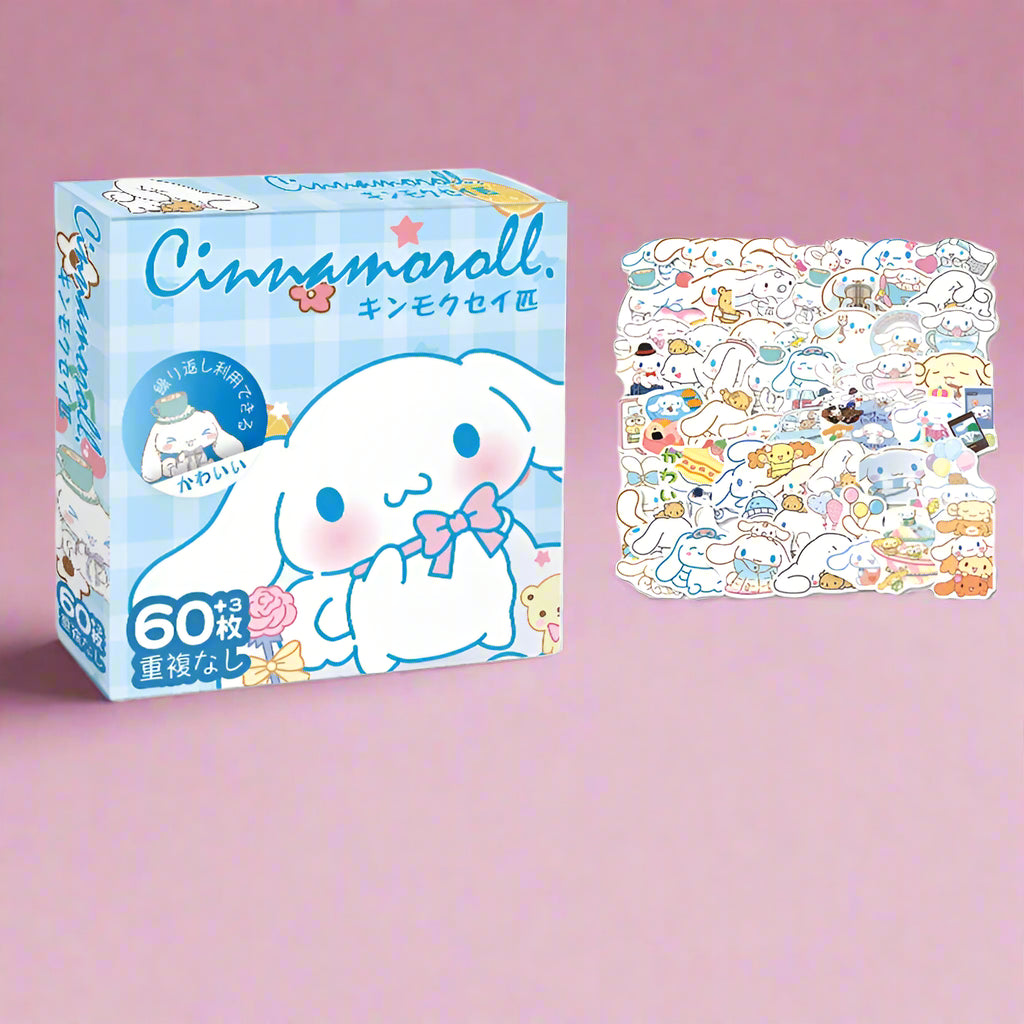 Cinnamoroll product packaging with a sheet of stickers on a white background