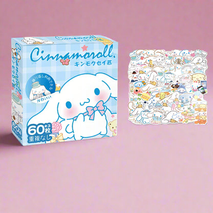 Cinnamoroll product packaging with a sheet of stickers on a white background