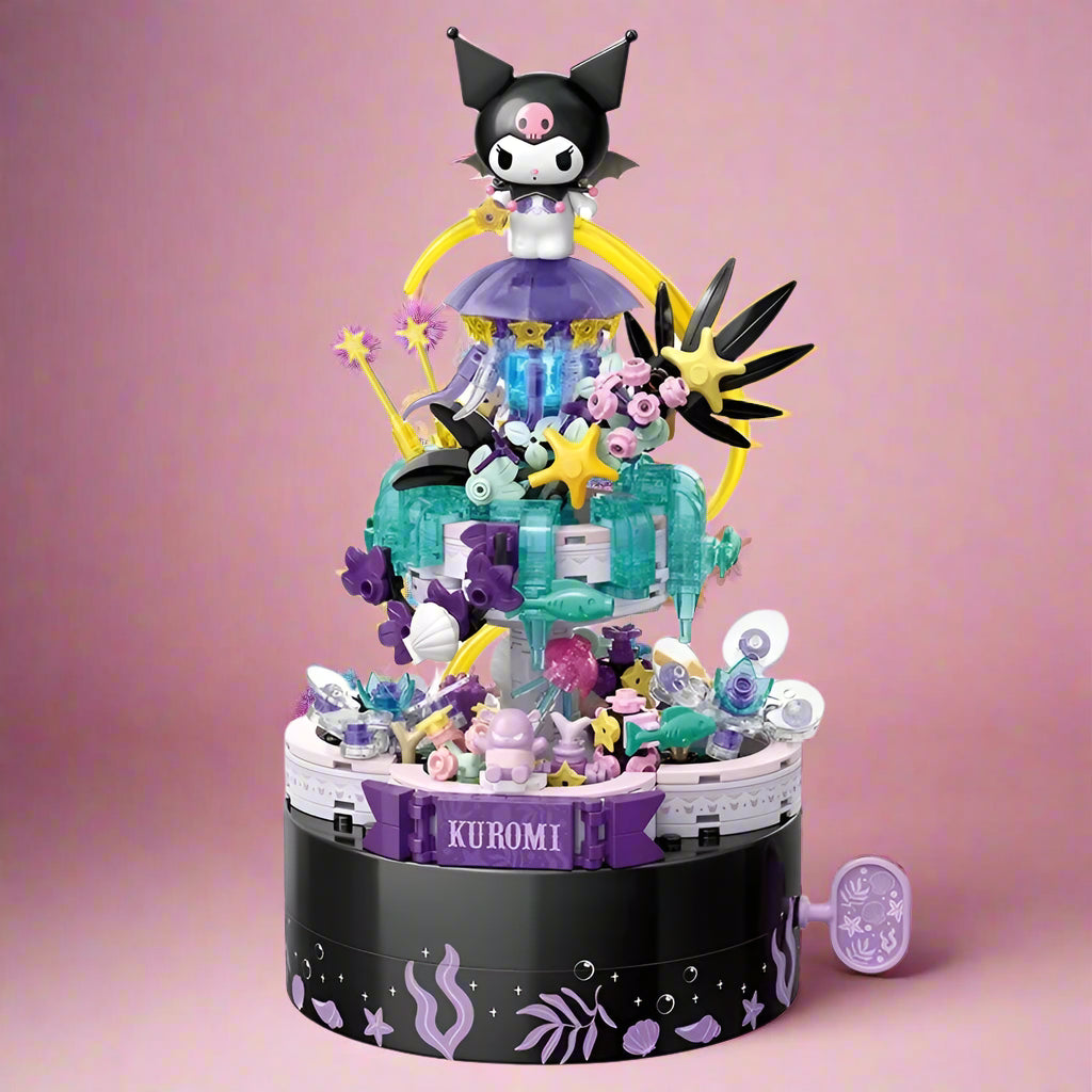 A collection of Sanrio characters music box series made of building blocks, with intricate designs featuring characters like Hello Kitty and others on round bases.