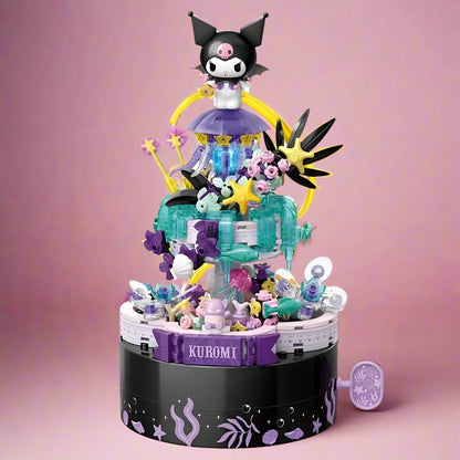 A collection of Sanrio characters music box series made of building blocks, with intricate designs featuring characters like Hello Kitty and others on round bases.