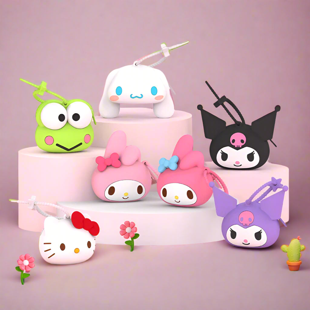A collection of Sanrio character silicone storage bags, featuring designs with Hello Kitty and other similar characters in various colors and poses.