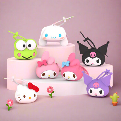A collection of Sanrio character silicone storage bags, featuring designs with Hello Kitty and other similar characters in various colors and poses.
