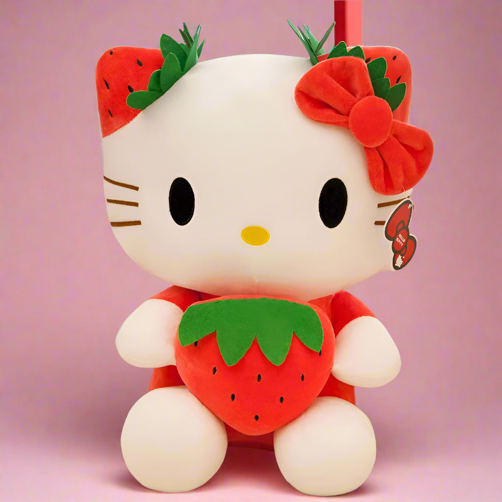 Plush toy resembling a character with strawberry-themed design on a light-colored couch.