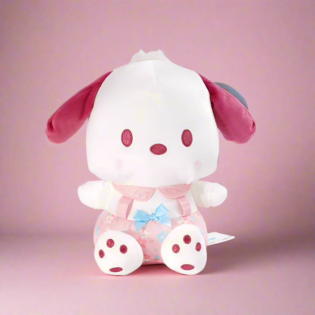 A collection of Sanrio characters plushies from the 'Peach Blossom' series, featuring soft pastel colors and floral patterns.