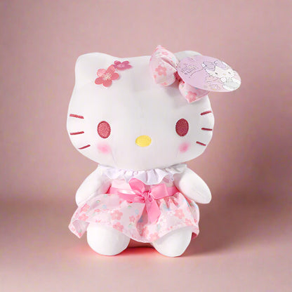 A collection of Sanrio characters plushies from the 'Peach Blossom' series, featuring soft pastel colors and floral patterns.