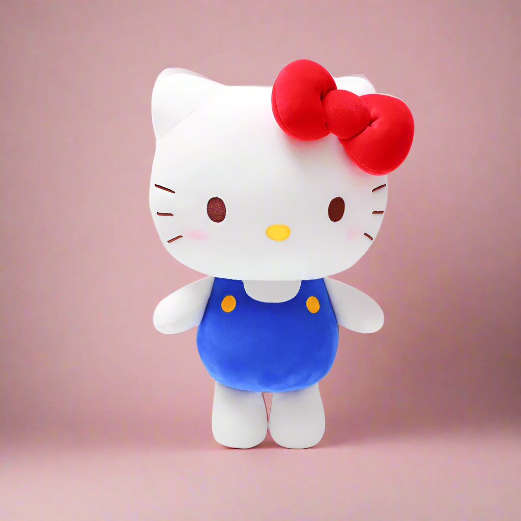 A collection of colorful Hello Kitty soft plush toys in various colors with bows on their heads.