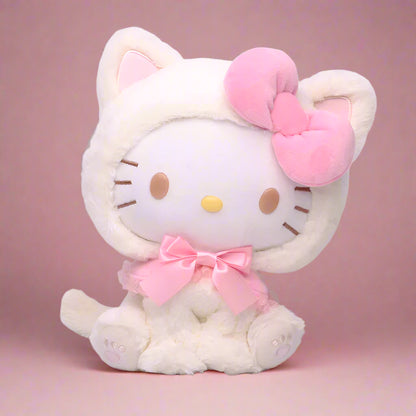 Four different plushies of Sanrio characters, each with distinct colors and designs. Top left is purple with a skull motif, top right is gray with a cat-like appearance, bottom left is pink resembling a rabbit, and bottom right is white and pink resembling a cat with a bow.