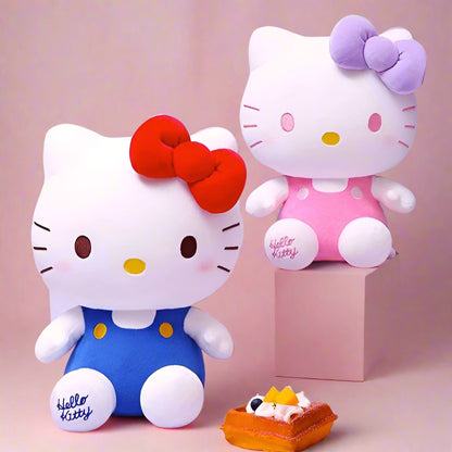 Two Hello Kitty plush toys with a small cake on a pink background