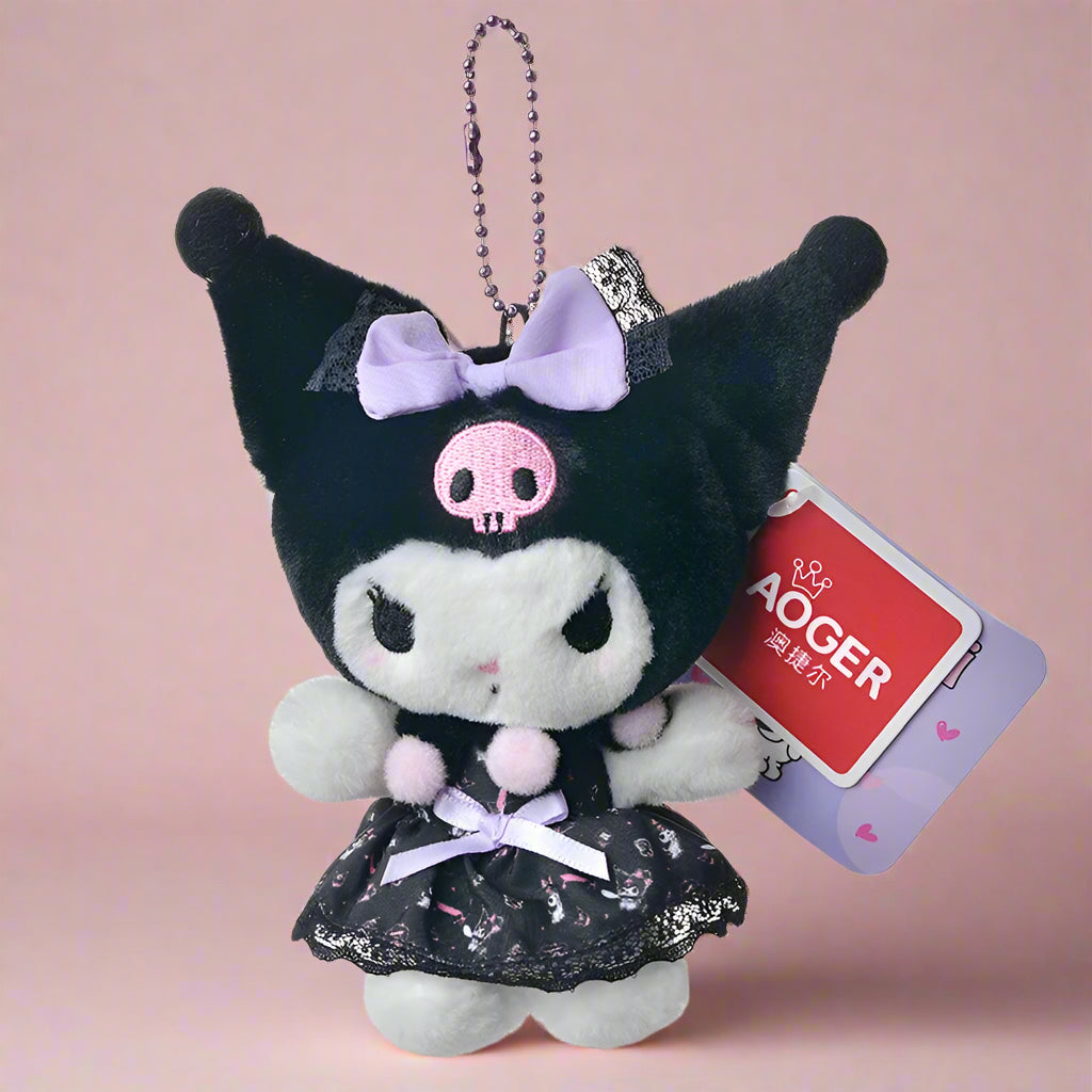 A collection of plush keychains featuring various Sanrio characters, including figures from the My Melody series and other related characters, dressed in colorful, pastel-colored outfits.
