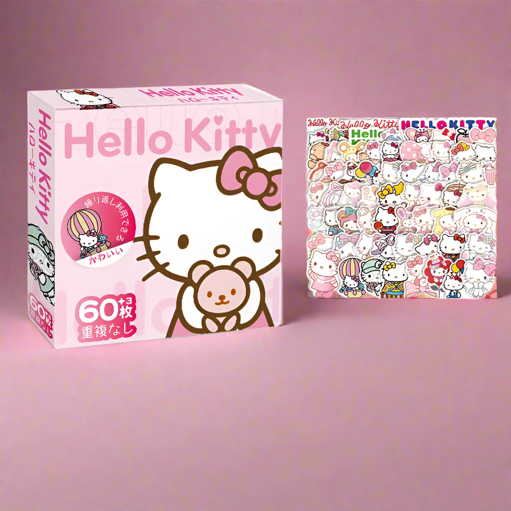 Hello Kitty product packaging with a sheet of stickers on a white background