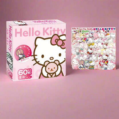 Hello Kitty product packaging with a sheet of stickers on a white background
