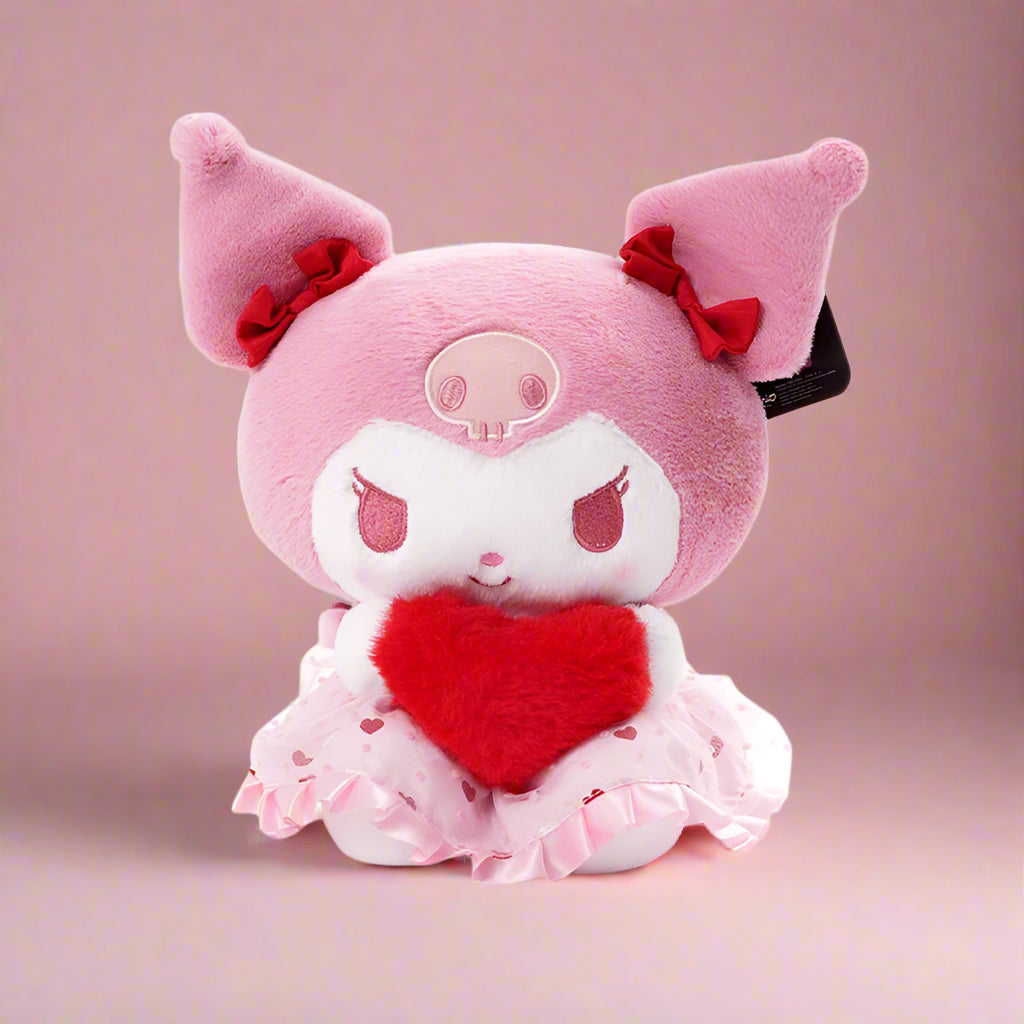 A collection of soft plushie toys featuring characters from Sanrio's Lovely Hearts series. The plushies are shown with heart-shaped accessories and are dressed in pink and white colors.