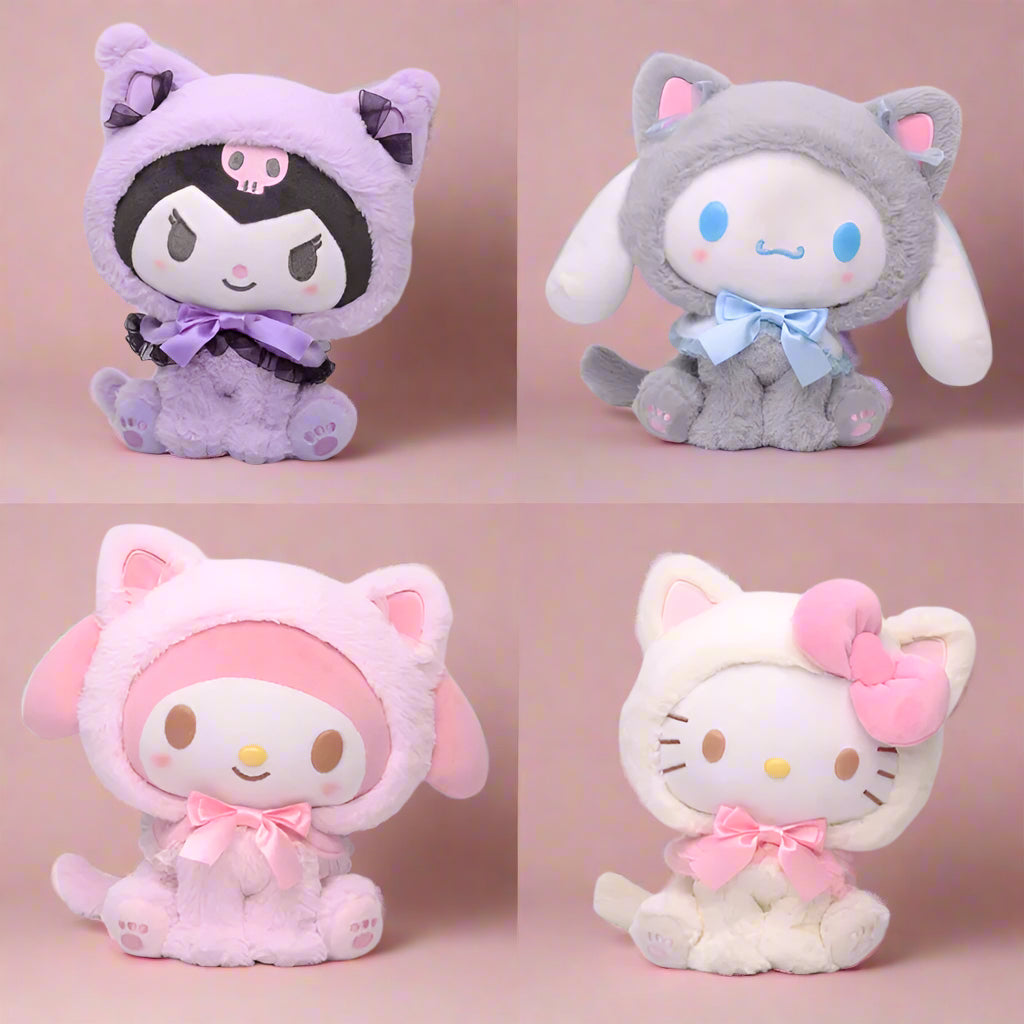Four different plushies of Sanrio characters, each with distinct colors and designs. Top left is purple with a skull motif, top right is gray with a cat-like appearance, bottom left is pink resembling a rabbit, and bottom right is white and pink resembling a cat with a bow.
