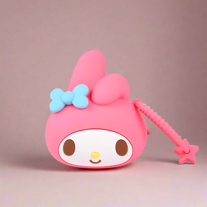 A collection of Sanrio character silicone storage bags, featuring designs with Hello Kitty and other similar characters in various colors and poses.
