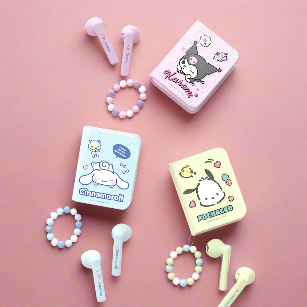 Wireless Bluetooth earphones with Sanrio characters design, displayed alongside Sanrio branded cases and beads.