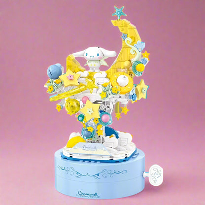 A collection of Sanrio characters music box series made of building blocks, with intricate designs featuring characters like Hello Kitty and others on round bases.