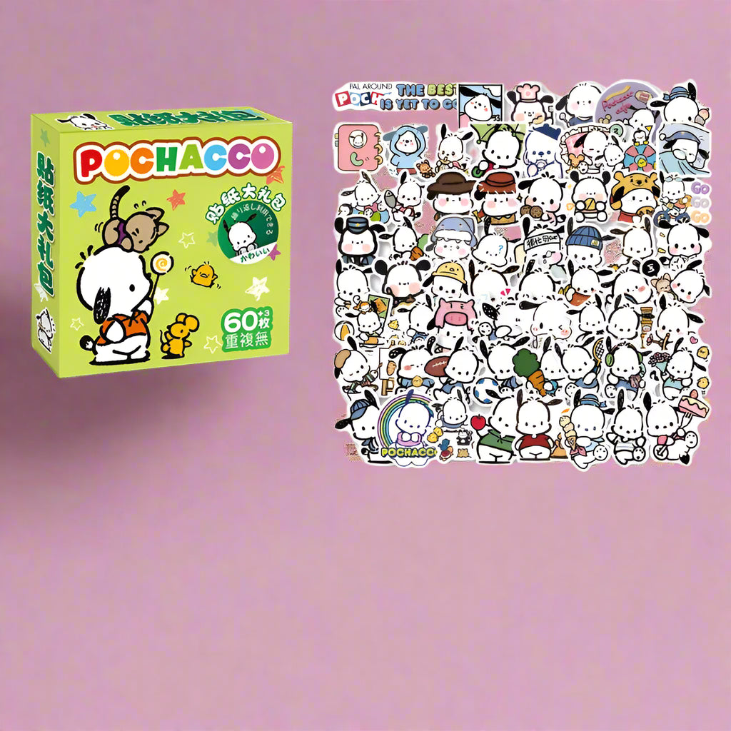 Pochacco sticker set with packaging on a white background