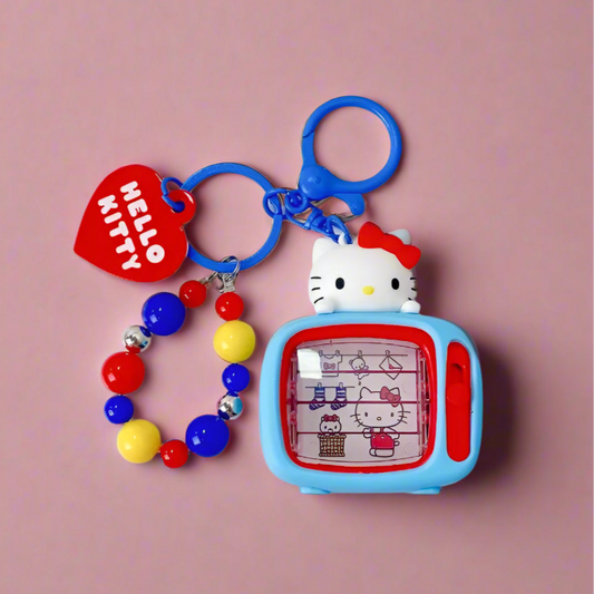 Hello Kitty-themed keychain with colorful beads and a small screen on a white background