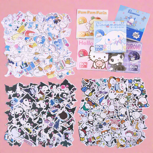 Collection of colorful stickers with various designs on a white background