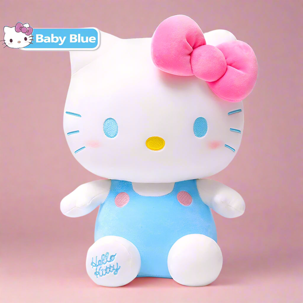 A collection of colorful Hello Kitty soft plush toys in various colors with bows on their heads.