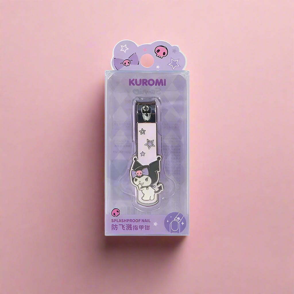 A collection of four nail-clippers with Sanrio characters designs, displayed against a pink and peach background.