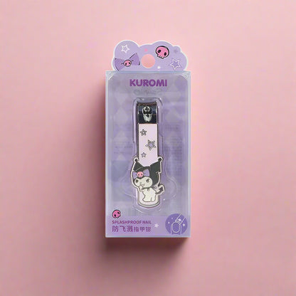 A collection of four nail-clippers with Sanrio characters designs, displayed against a pink and peach background.