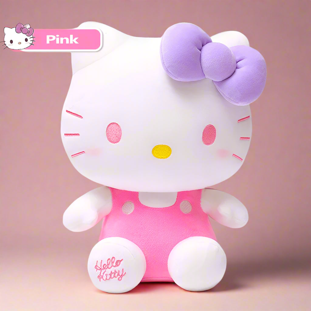 A collection of colorful Hello Kitty soft plush toys in various colors with bows on their heads.
