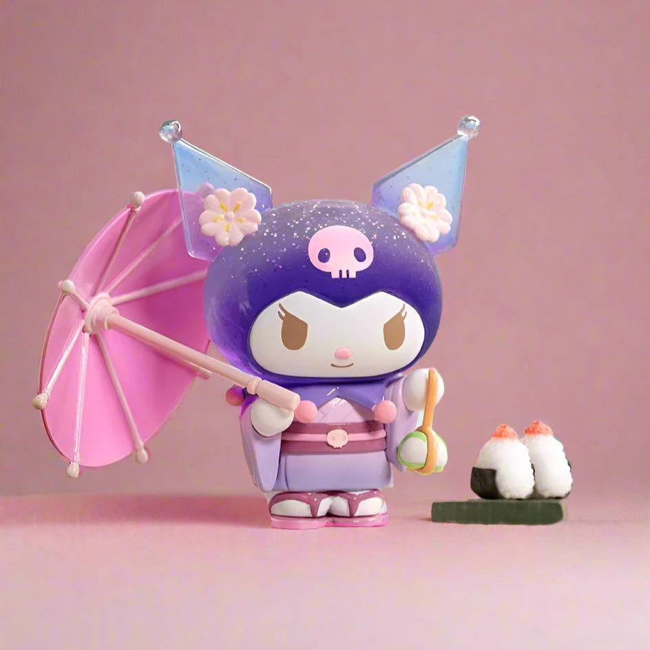 Toy figure with purple hair and pink umbrella in a cherry blossom setting