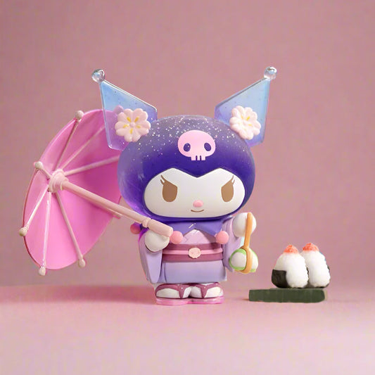 Toy figure with purple hair and pink umbrella in a cherry blossom setting