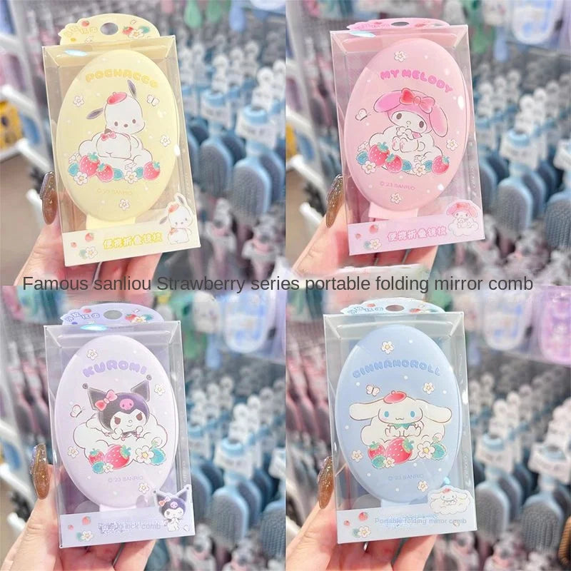 Sanrio Strawberry Characters Folding Touch-Up Cosmetic Mirror + Comb