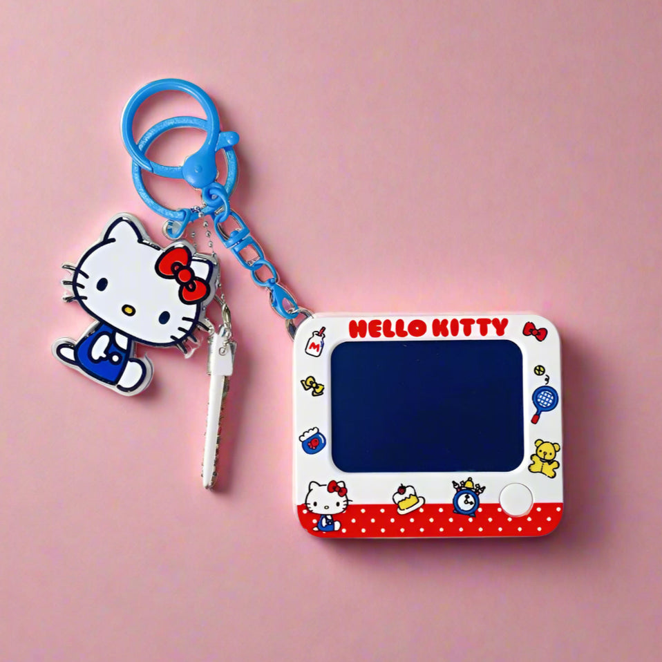 Hello Kitty-themed keychain with a small screen and character charm on a white background