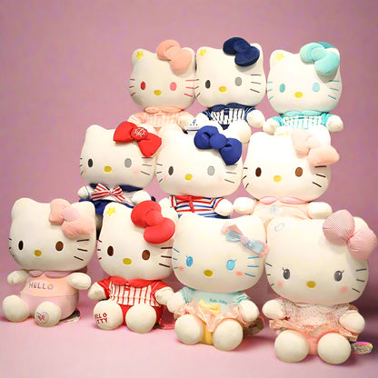 A collection of Hello Kitty soft cuddly plushies in various colors and outfits, sitting on a bench.
